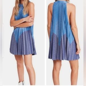 Free People Pleated Love Blue Metallic Shimmer Mini Sleeveless Dress